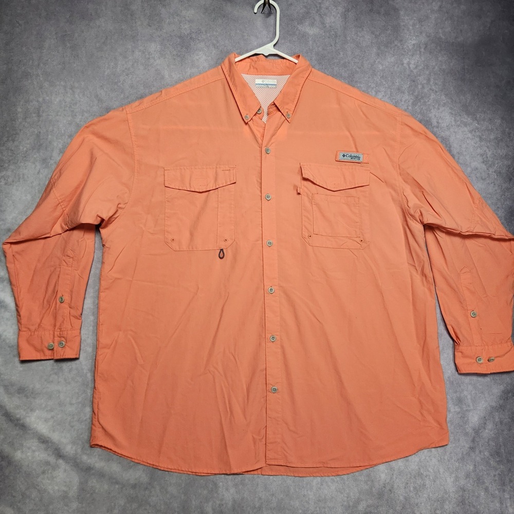 Columbia PFG Mens XXL‎ 2TG Long Sleeve Fishing Shirt Orange Pink Outdoor